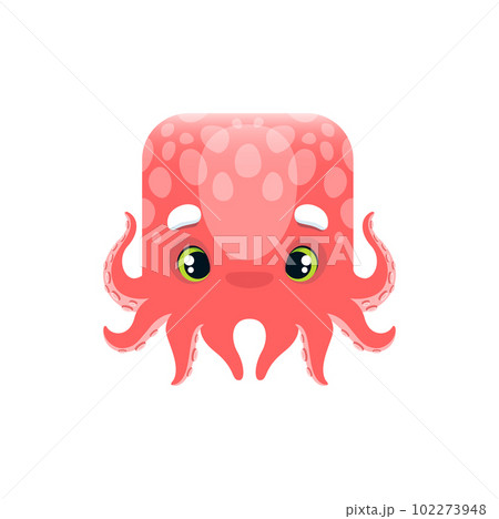 Cartoon octopus kawaii square animal face. Underwater baby kraken creature, isolated vector character portrait with eyes and tentacles. Aquarium or sea habitat app button, icon, graphic design element 102273948