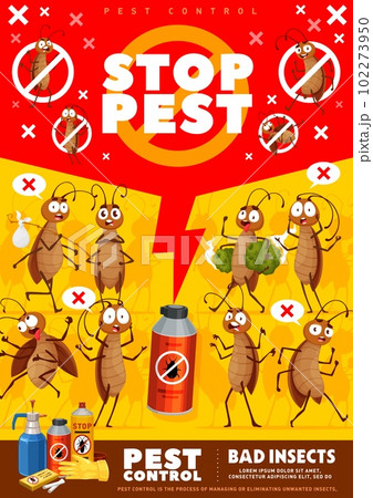 Pest control poster or flyer. Cartoon cockroach characters. Pest control service vertical banner or poster. Insecticide spray promo vector flyer with funny cockroach, frightened, scared bug personage 102273950