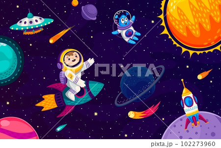 Kid astronaut and alien characters on space galaxy. Cartoon vector child cosmonaut riding rocket in outer Universe with planets, shining stars, spaceships and ufo saucers. Interstellar journey or trip Kid astronaut and alien characters on space galaxy. Cartoon vector child cosmonaut riding rocket in outer Universe with planets, shining stars, spaceships and ufo saucers. Interstellar journey or trip 102273960