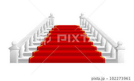 Castle and palace staircase. Marble stair with red carpet. Isolated vector white classic royal ladder with balustrade leading visitors to regal chamber. Vintage architecture element, theatre entrance 102273961