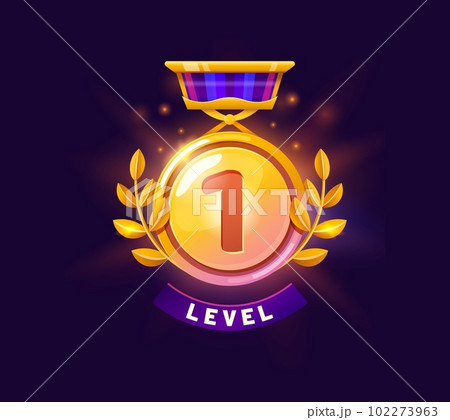 Game level up badge and win icon. Arcade success rank sign, game task complete winner or casino level up celebration vector symbol. Gaming victory prize, first place golden medal with laurel wreath Game level up badge and win icon. Arcade success rank sign, game task complete winner or casino level up celebration vector symbol. Gaming victory prize, first place golden medal with laurel wreath 102273963