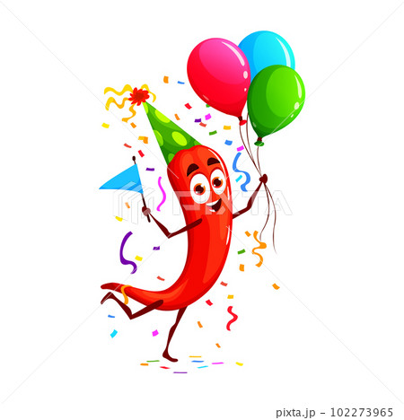 Cartoon funny chili pepper vegetable character on birthday, anniversary holiday. Birthday celebration happy veggie character, anniversary holiday cheerful vegetable vector personage with balloons Cartoon funny chili pepper vegetable character on birthday, anniversary holiday. Birthday celebration happy veggie character, anniversary holiday cheerful vegetable vector personage with balloons 102273965