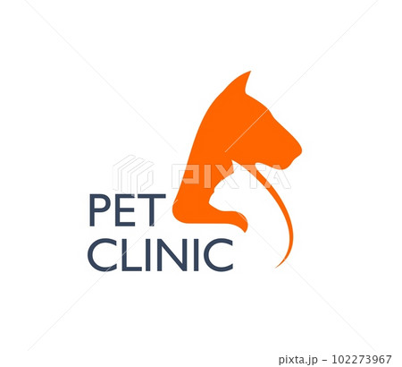 Pet clinic icon, dog and cat silhouette, veterinary doctor or vet hospital vector symbol. Veterinarian care, animals health and pet clinic or vet medical center sign with orange dog and cat head 102273967