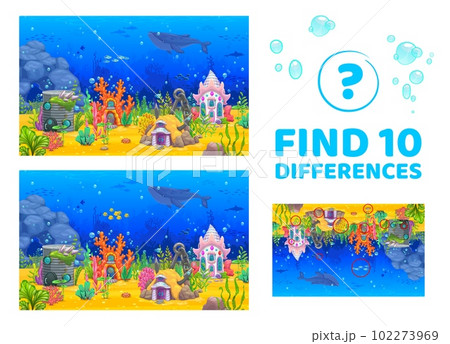 Find ten differences cartoon sea underwater landscape with fairytale house buildings. Kids vector game worksheet with cartoon mermaid fantasy dwellings coral, tin can, anchor or seashell on sea bottom 102273969