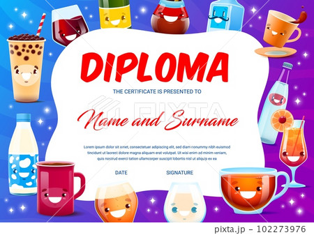 Sommelier or bartender diploma. Cartoon drink and cocktail characters. Restaurant worker diploma, education achievement vector diploma with wine, beer, cocktail, coffee and tea, milk cute personage 102273976