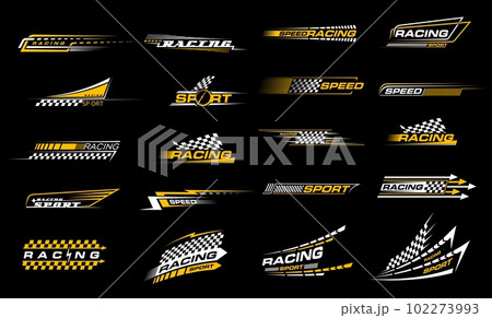 Race sport car stripe stickers, checker decals. Motocross competition retro emblems, motorsport championship or rally racing tournament vintage vector symbols or decals set with victory checkered flag 102273993