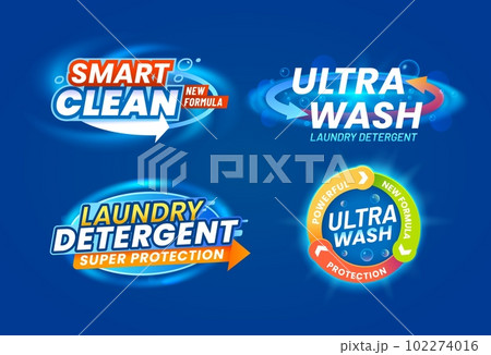 Powder or detergent color labels. Vector laundry cleaning service, liquid soap ultra wash new smart formula branding or ads badges set with typography, arrows and soap bubbles on blue background Powder or detergent color labels. Vector laundry cleaning service, liquid soap ultra wash new smart formula branding or ads badges set with typography, arrows and soap bubbles on blue background 102274016