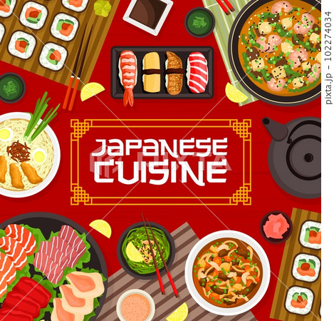Japanese cuisine restaurant menu cover. Wheat noodle soup with pork ramen, maki sushi and green tea, salmon, tuna and scallop sashimi, marinated ginger, prawn vegetable and soba soup, nigiri sushi 102274034