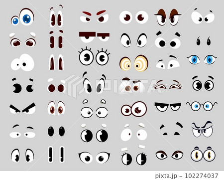 Cartoon comic eyes. Caricature avatar shock, fear and surprise eye expression, man and woman human cartoon character anger, confusion, amazement feelings vector symbol. Comical personage face element 102274037