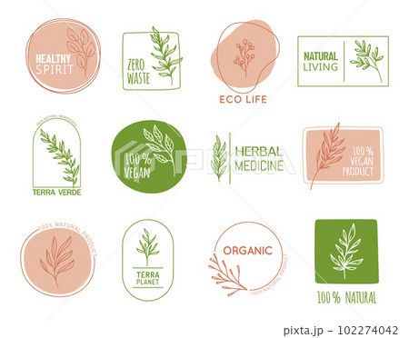 Organic food, nature icons for herbal medicine, healthy eco and natural vegetarian food, vector signs. Vegan health and 100 bio product label tags with green plant leaf for zero waste and green life 102274042