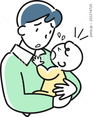 泣く赤ちゃんを抱いて困っている若い男性の上半身 102274720