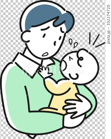 泣く赤ちゃんを抱いて困っている若い男性の上半身 102274720