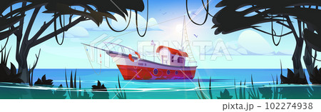 Cartoon jungle pond water with fishing boat vector Cartoon jungle pond water with fishing boat vector 102274938