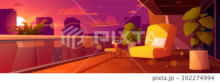 Cartoon apartment balcony with city sunset view 102274994