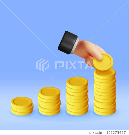 3D Stack of Gold Coins and Hand. 102275427