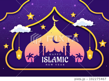 Happy Muharram Islamic New Year Vector Illustration with Muslims Celebration in Flat Cartoon Hand Drawn Landing Page Background Templates 102275467