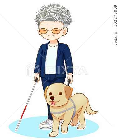 盲導犬を連れて白杖を持っている年配男性 盲導犬を連れて白杖を持っている年配男性 102275899