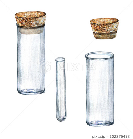 Glass flask with cork watercolor illustration isolated on white. Transparent bottle, lab beaker, tube for essential oils hand drawn. Design element for label, package, wrapping, composition Glass flask with cork watercolor illustration isolated on white. Transparent bottle, lab beaker, tube for essential oils hand drawn. Design element for label, package, wrapping, composition 102276458