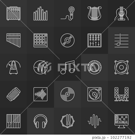 Music thin line vector icons set on dark background 102277192