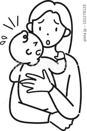 泣く赤ちゃんを抱いて困っている若い母親の上半身 102278128