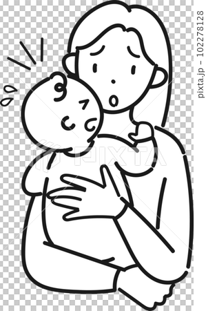 泣く赤ちゃんを抱いて困っている若い母親の上半身 102278128