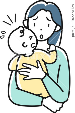 泣く赤ちゃんを抱いて困っている若い母親の上半身 102278129