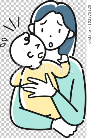 泣く赤ちゃんを抱いて困っている若い母親の上半身 102278129