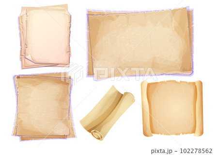 Set parchment, scroll papyrus, antique paper blank in cartoon style isolated on white background. Fairy, fantasy element, ui assets. Textured, detailed empty manuscript. Set parchment, scroll papyrus, antique paper blank in cartoon style isolated on white background. Fairy, fantasy element, ui assets. Textured, detailed empty manuscript. 102278562