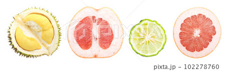 Tropical fruit cut in half isolated on white background. Tropical fruit cut in half isolated on white background. 102278760