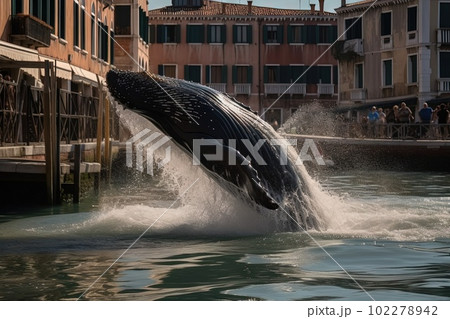 Humpback whale breaching in venice canal illustration generative ai 102278942