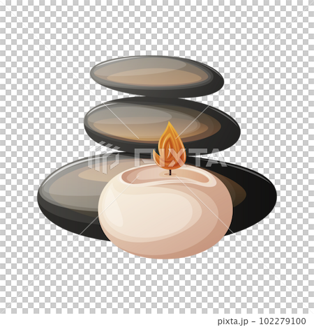 Black spa stones with round burning candle. Balance. Decorative accessory for salon, massage Black spa stones with round burning candle. Balance. Decorative accessory for salon, massage 102279100