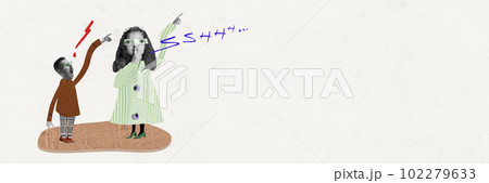 Contemporary art collage with funny little girl trying to comfort father's arguing on white background. Family support 102279633