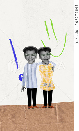 Contemporary art collage with two funny boys, siblings with hands on each other's shoulders over white background. Little pranksters Contemporary art collage with two funny boys, siblings with hands on each other's shoulders over white background. Little pranksters 102279645