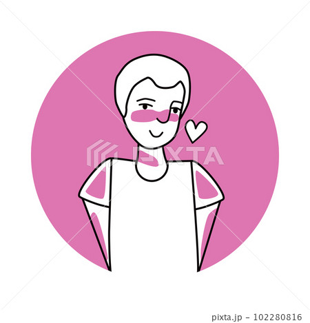 Shy boy with emotion of love, facial expression with gestures. Beloved teenager, expressing his amour feelings. Pink vector circle icon. Shy boy with emotion of love, facial expression with gestures. Beloved teenager, expressing his amour feelings. Pink vector circle icon. 102280816
