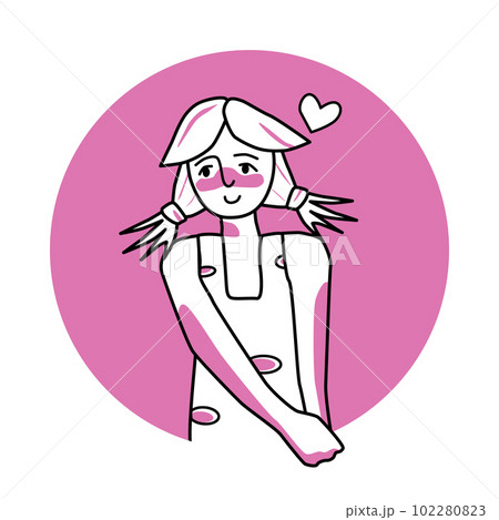 Shy girl with emotion of love, facial expression with gestures. Beloved teenager, expressing her amour feelings. Pink vector circle icon. Shy girl with emotion of love, facial expression with gestures. Beloved teenager, expressing her amour feelings. Pink vector circle icon. 102280823