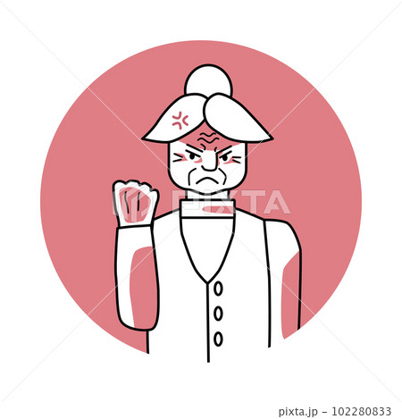 Old woman with angry emotion, facial expression with hands. Annoyed grandmother, expressing her negative feelings with gestures. Red vector circle icon. Old woman with angry emotion, facial expression with hands. Annoyed grandmother, expressing her negative feelings with gestures. Red vector circle icon. 102280833