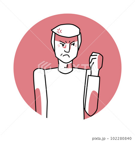Adult man with angry emotion, facial expression with hands. Annoyed male, expressing his negative feelings with gestures. Red vector circle icon. Adult man with angry emotion, facial expression with hands. Annoyed male, expressing his negative feelings with gestures. Red vector circle icon. 102280840