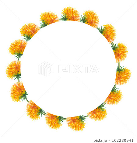 Watercolor wreath of dandelion flowers. Hand painting clipart botanical meadow illustration on a white isolated background. For designers, decoration, postcards, wrapping paper, scrapbooking, covers Watercolor wreath of dandelion flowers. Hand painting clipart botanical meadow illustration on a white isolated background. For designers, decoration, postcards, wrapping paper, scrapbooking, covers 102280941