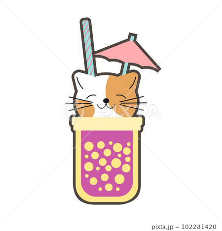 Vector illustration of cute kawaii hand drawn cat in anime style in a glass of cocktail with bubbles, favorite catcktail, drawing for children s menu, cocktail party EPS 102281420