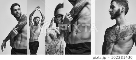 Collage with images of male fashion model with relief body on grey studio background. Man posing shirtless. Tattoo body art. Black and white Collage with images of male fashion model with relief body on grey studio background. Man posing shirtless. Tattoo body art. Black and white 102281430