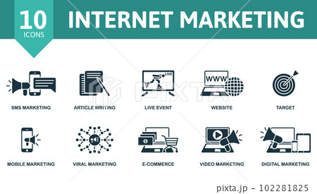 Internet marketing outline set. Creative icons: sms marketing, article writing, live event, website, target, mobile marketing, viral marketing, e-commerce, video marketing, digital marketing. Internet marketing outline set. Creative icons: sms marketing, article writing, live event, website, target, mobile marketing, viral marketing, e-commerce, video marketing, digital marketing. 102281825