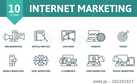 Internet marketing outline set. Creative icons: sms marketing, article writing, live event, website, target, mobile marketing, viral marketing, e-commerce, video marketing, digital marketing. Internet marketing outline set. Creative icons: sms marketing, article writing, live event, website, target, mobile marketing, viral marketing, e-commerce, video marketing, digital marketing. 102281827