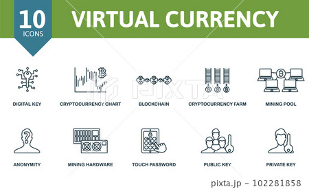 Virtual currency outline set. Creative icons: digital key, cryptocurrency chart, blockchain, cryptocurrency farm, minig pool, anonymity, mining hardware, touch password, public key, private key 102281858