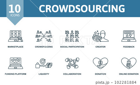 Crowdsourcing outline set. Creative icons: marketplace, crowdfunding, social participation, creator, feedback, funding platform, liquidity, collaboration, donation, online donation. 102281884