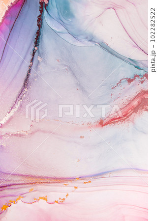Marble stone glowing golden veins. High resolution. Abstract fluid art painting in alcohol ink technique, mixture blue, red and gold paints.  102282522