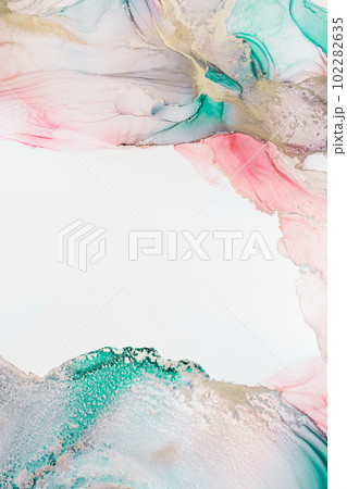 Marble stone glowing golden veins. High resolution. Abstract fluid art painting in alcohol ink technique, mixture blue, red and gold paints.  102282635