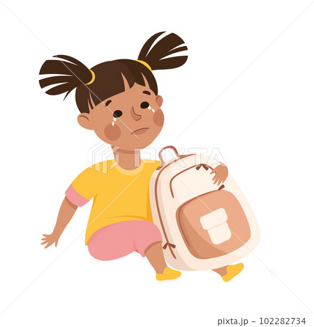 Upset crying girl sitting on floor with backpack. Stressed kid. Conflict at school, bullying, intimidation of weak cartoon vector illustration 102282734