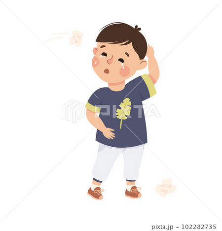 Upset crying bullied boy, crumpled papers flying at him. Stressed schoolkid. Conflict at school, bullying, intimidation of weak cartoon vector illustration 102282735