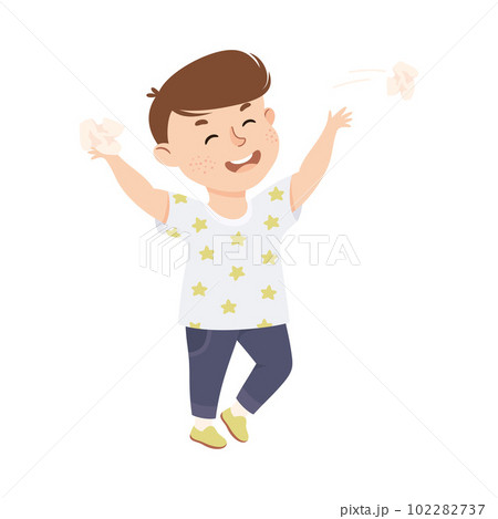 Little bully boy throwing crumpled papers. Hoodlum schoolkid cartoon vector illustration 102282737
