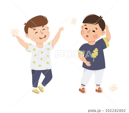 Aggressive bully boy throwing crumpled papers at his crying classmate. Bad manners, conflict between kids, bullying, intimidation of weak cartoon vector illustration 102282802